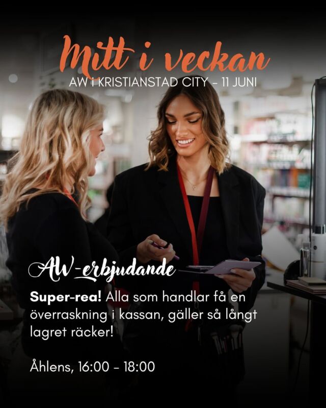 BUTIKERNAS AW-ERBJUDANDEN! 🍾🧡
Imorgon är det dags för Mitt i veckan – AW i Kristianstad City! Mellan 16.00 - 18.00 ställer butikerna till med lite extra festligheter denna AW-onsdag! Psst - glöm inte att boka bord på någon av restaurangerna för en helkväll på stan! 🫶🏻

Deltagande butiker: 

Cronerts Smycken & Inredning
62 kvadrat 
Headon 
Lindex 
Naturkompaniet x Ohlssons ost 
Interflora 
Scorett & Wallenbergs
Dressman 
Ekbergs 
Åhléns 
Jeansbolaget 
Symaskinshuset 
Donna Dii classe 
Guldfynd 
Salong Tova 
Lindri

Vi ses på stan! 👋

#Mittiveckan #kristianstad #Kristianstadcity