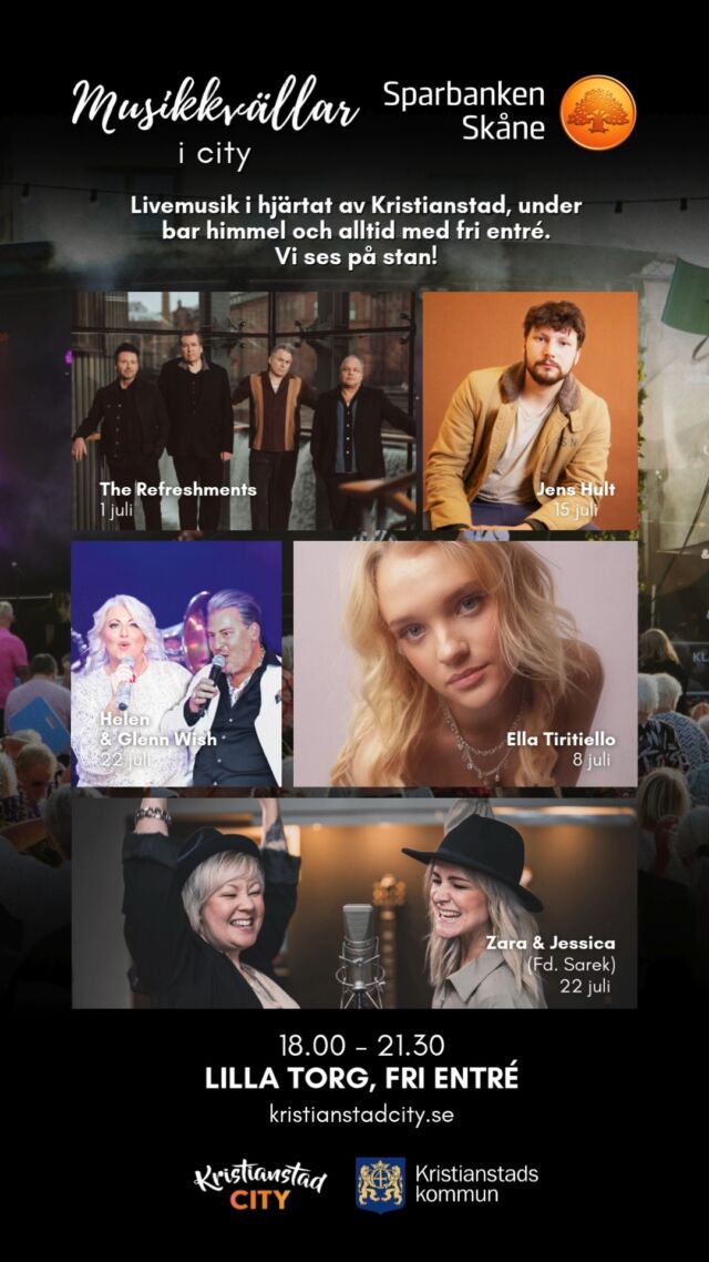 TVÅ VECKOR KVAR! 🧡🎶
Snart fylls Lilla torg åter av sommarvärme, livemusik och skön stämning under bar himmel – vi längtar! Vilken konsert ser du mest fram emot?

För att göra kvällen komplett – passa på att boka bord eller ladda upp hos någon av stadens många restauranger och caféer. 🍽️

Extra varmt tack till de restauranger & caféer som är med och möjliggör Musikkvällarna: Restaurang Smaca, La Cucina, Home Hotel Christian IV, Grisen & Draken, Restaurang Martini, Otto Glassbar, Bella Luna, Flabben, Graffiti Café och Conditori Duvanders.🫶🏻
#musikkvallar #kristianstad #kristianstadcity